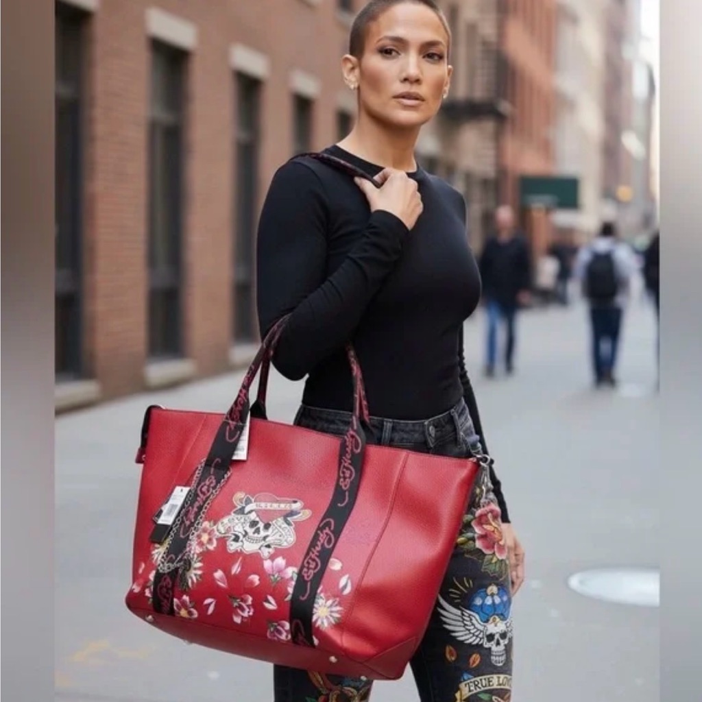 Ed Hardy Red Floral Skull Tote With Black Script Handles Weekend Bag